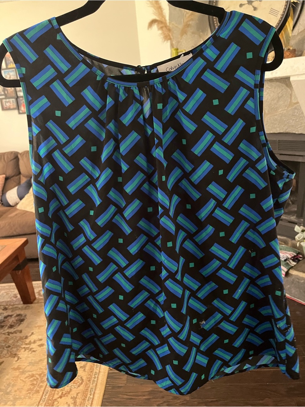 Calvin Klein Black Sleeveless Top with Blue & Teal Geometric Print - Picture 4 of 6